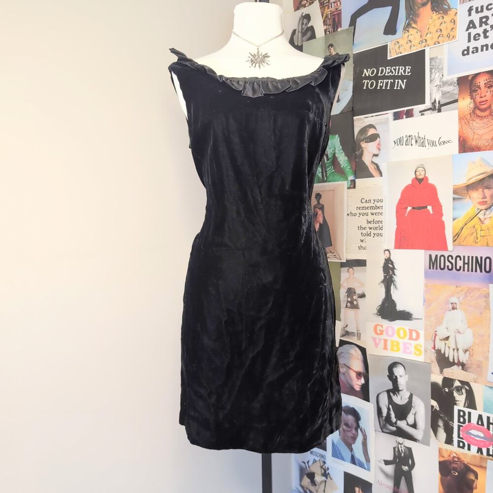 Black Velvet Ruffle Neck Mini Dress Vintage
